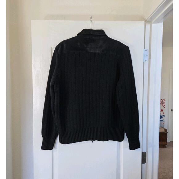 Vintage Cactus Black Leather Front Zip Knit Sweater Bomber Jacket, Men's Medium - Picture 9 of 13